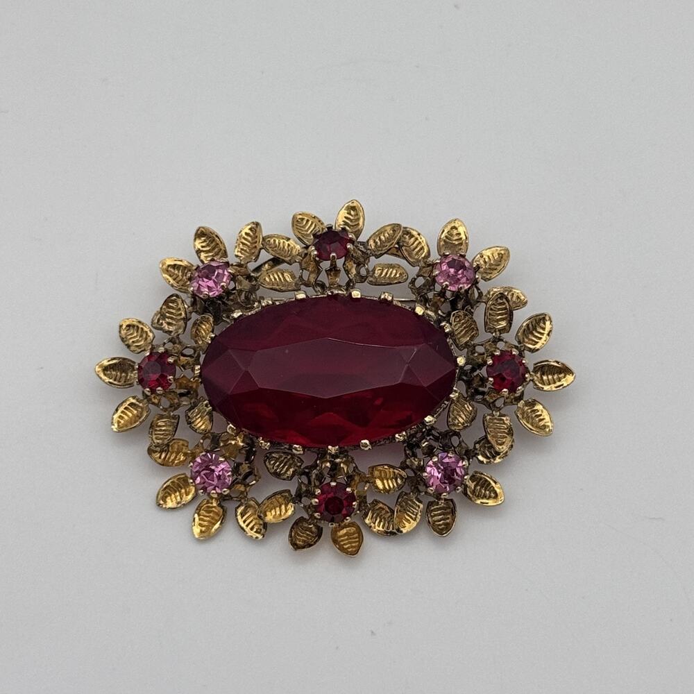 Vintage Austria Rhinestone Brooch Pin Floral Leaf Gold Tone Jewelry Womens